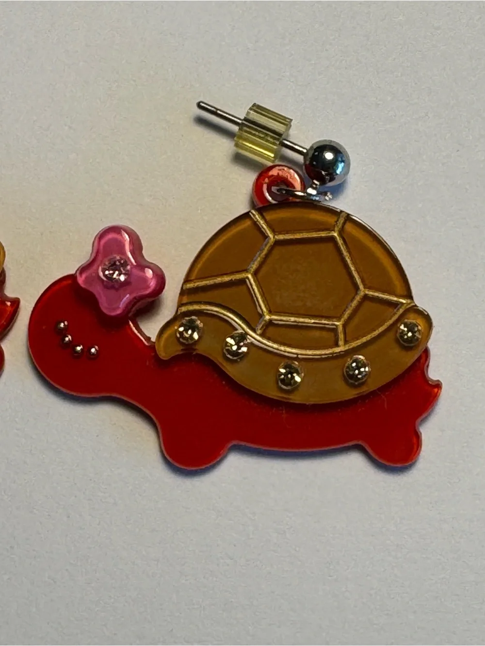 Red Turtle Drop Earrings with Pink Flower Accent